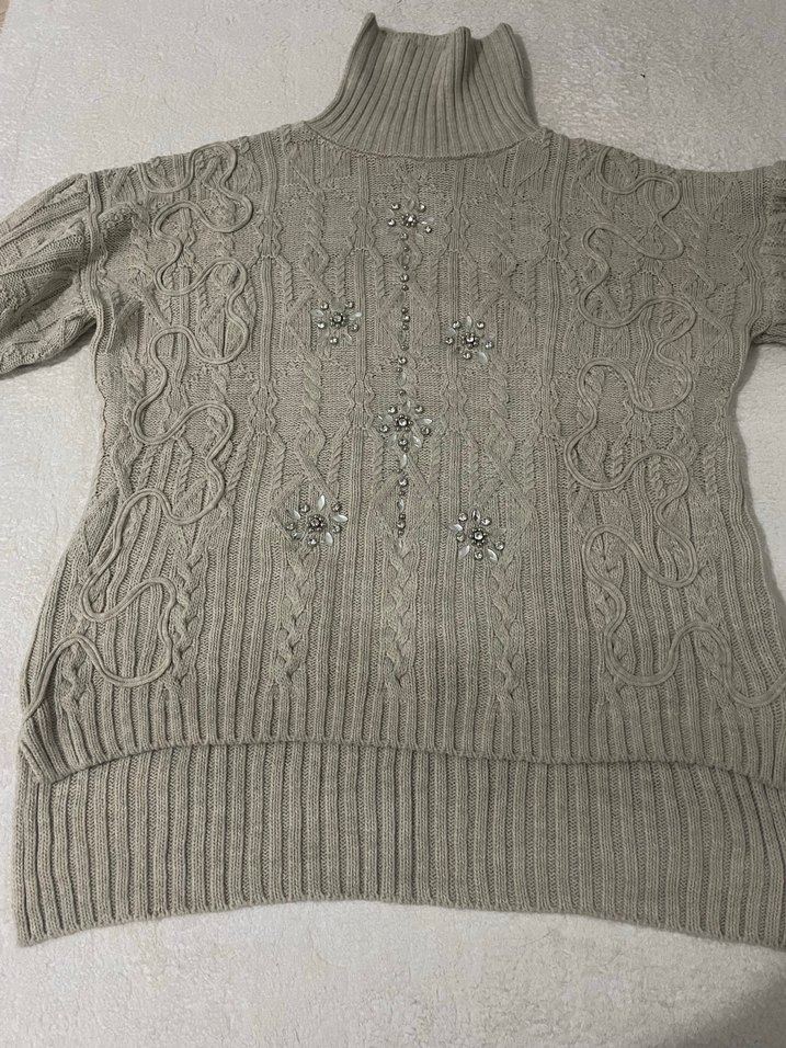 Nakışlı krem Bohem Balıkçı Yaka Kadın Kazak - Görsel 2