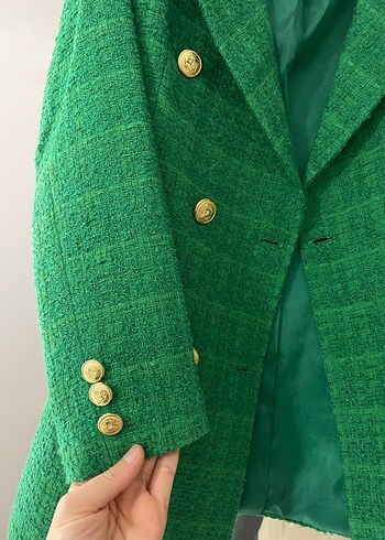 Parizyen Stil Yeşil Düğmeli Kadın Blazer - Görsel 4