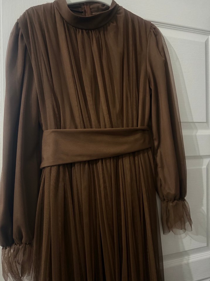 Kahverengi Pilili Uzun Kadın Elbise - Görsel 2