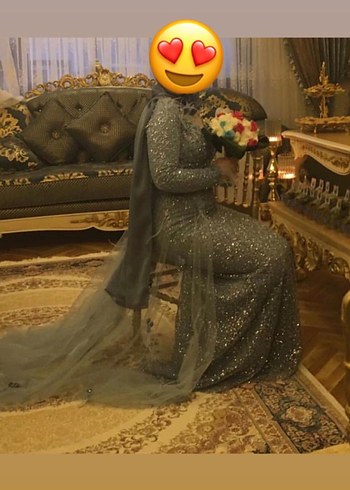 Abiye Uzun Kollu Mavi V Yaka Uzun Abiye Elbise