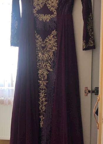 Bordo Nakışlı Uzun Kollu Kadın Bindallı Elbise