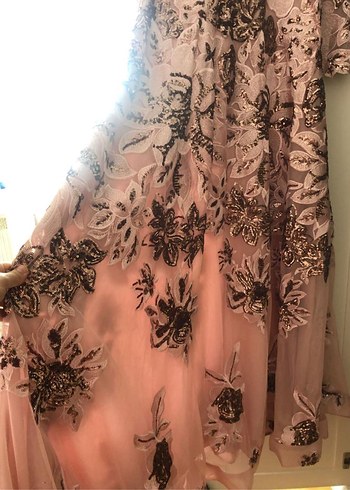 Abiye Pembe Nakışlı Uzun Bohem Elbise