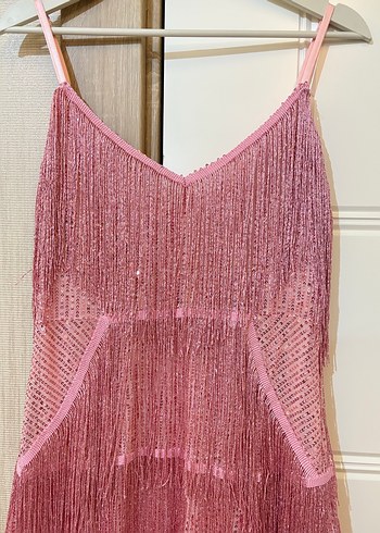 38 Beden pembe Renk Pembe Payetli Mini Strappy Elbise, 38 beden
