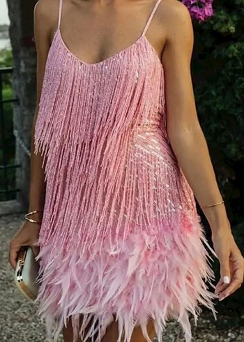 Pembe Payetli Mini Strappy Elbise, 38 beden