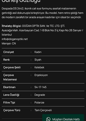 Despada Siyah Kadın Güneş Gözlüğü orjinal - Görsel 3