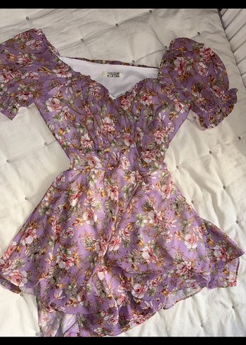 Zara Çiçek Desenli Mor Mini Bohem Elbise