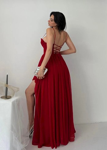 Diğer Kırmızı Straplez Uzun Abiye Elbise