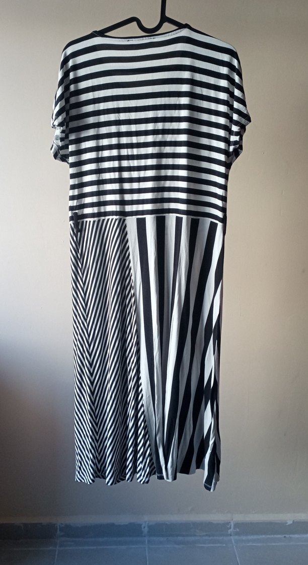 Gri Çizgili Hamile Elbisesi, Uzun, Pilili - Görsel 2