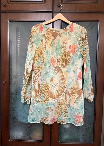 Bej Transparan Bağlama Desenli Uzun Kollu Bluz M,L beden uyumlu - Görsel 2