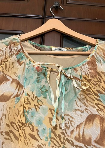 Bej Transparan Bağlama Desenli Uzun Kollu Bluz M,L beden uyumlu - Görsel 3