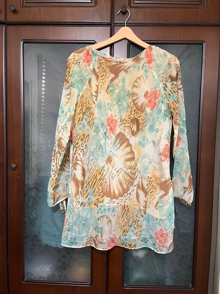 Bej Transparan Bağlama Desenli Uzun Kollu Bluz M,L beden uyumlu - Görsel 2