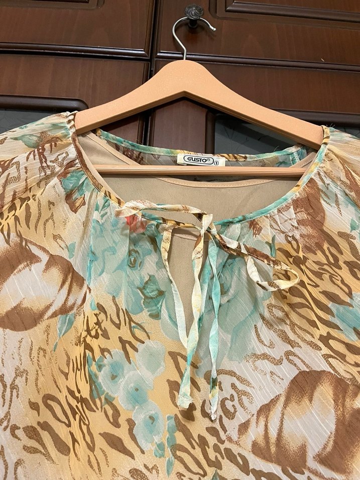 Bej Transparan Bağlama Desenli Uzun Kollu Bluz M,L beden uyumlu - Görsel 3