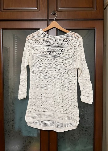 Bohem V Yakalı Beyaz Örgü Kadın Kazak - Görsel 2