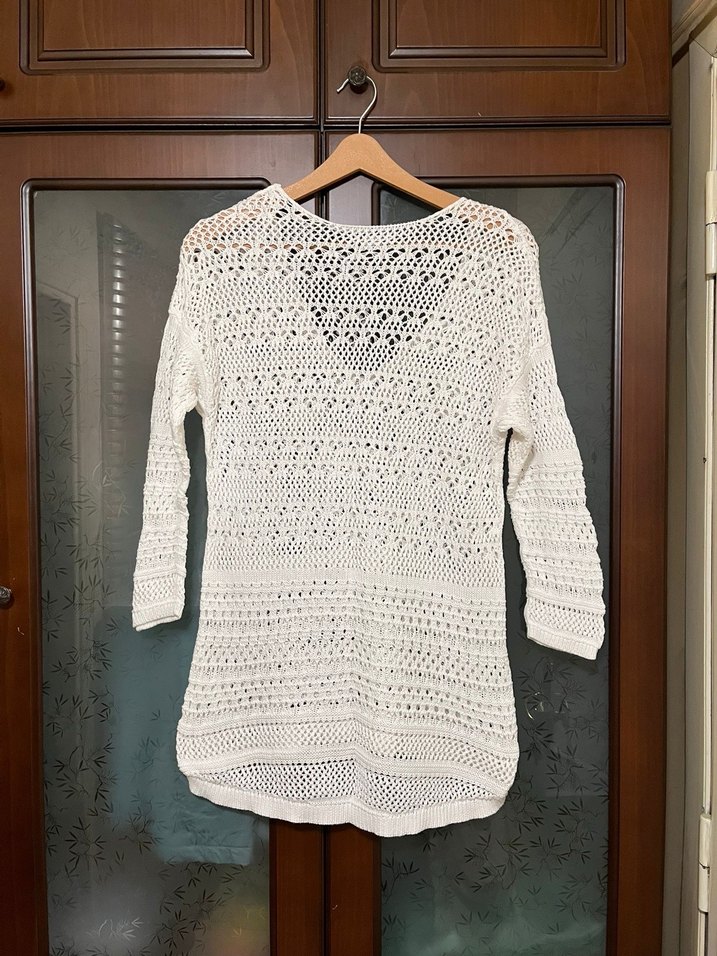 Bohem V Yakalı Beyaz Örgü Kadın Kazak - Görsel 2