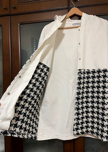 Ekose Desenli Kadın Kapüşonlu  Kot Trençkot - Görsel 3