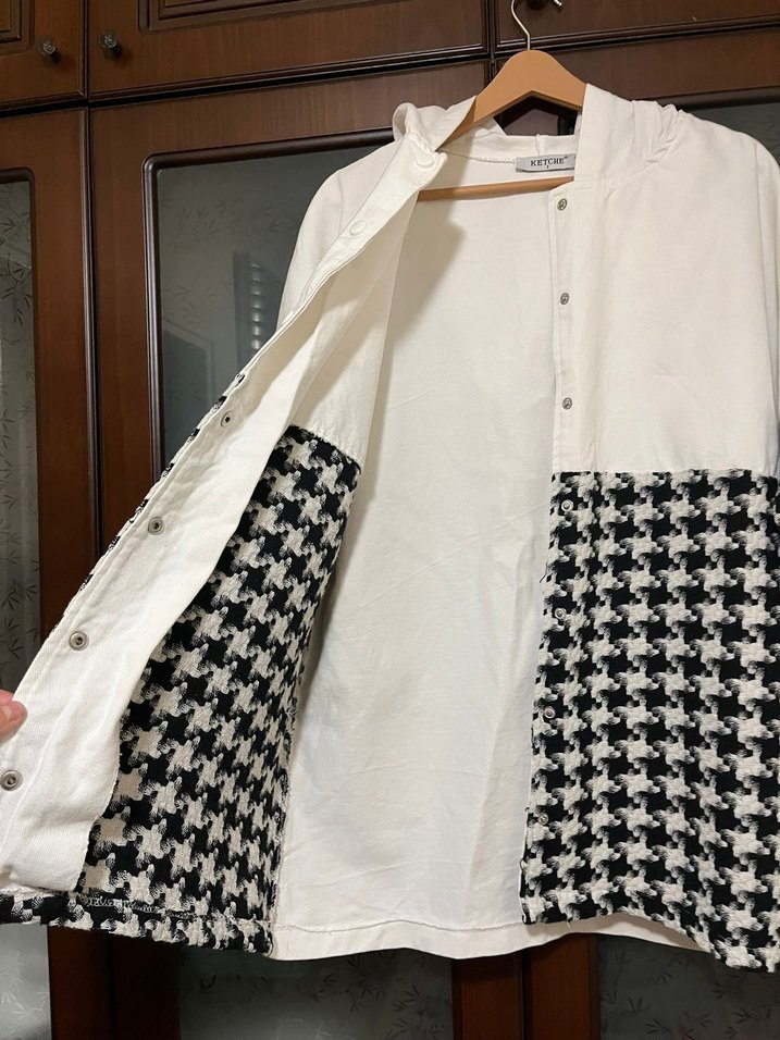 Ekose Desenli Kadın Kapüşonlu  Kot Trençkot - Görsel 3