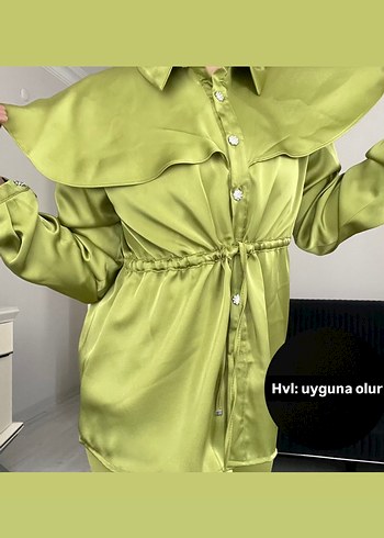Düğmeli Yeşil Saten Kadın Gömlek takım - Görsel 4