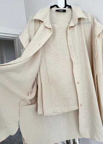 Bej Keten Kadın Gömlek, Düğmeli, Bol Kesim - Görsel 2