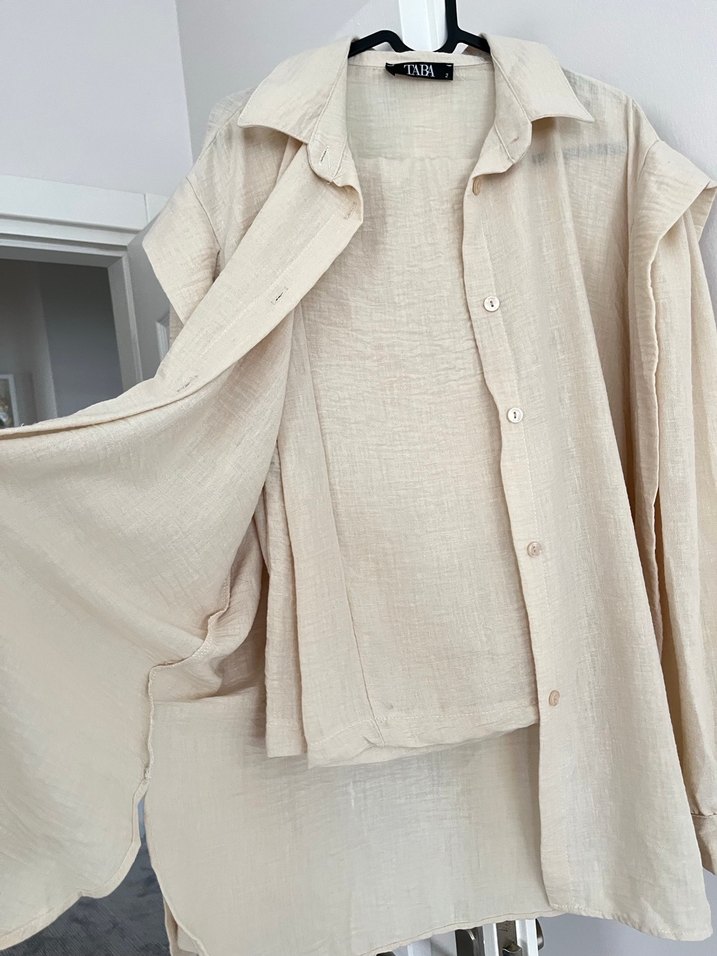 Bej Keten Kadın Gömlek, Düğmeli, Bol Kesim - Görsel 2