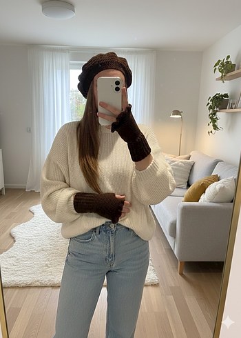 Kahverengi el örgüsü bere eldiven set - Görsel 2