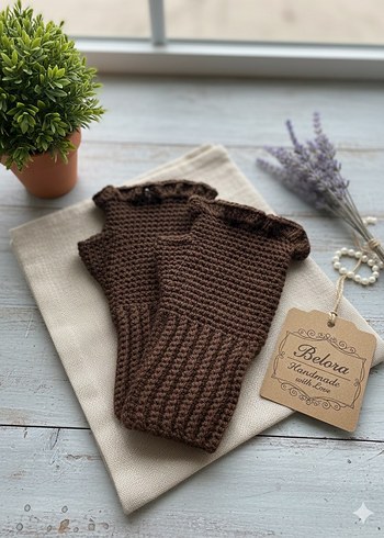 Kahverengi el örgüsü bere eldiven set - Görsel 4