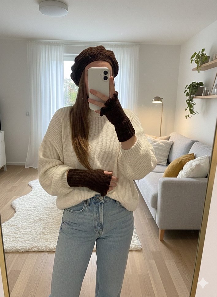 Kahverengi el örgüsü bere eldiven set - Görsel 2