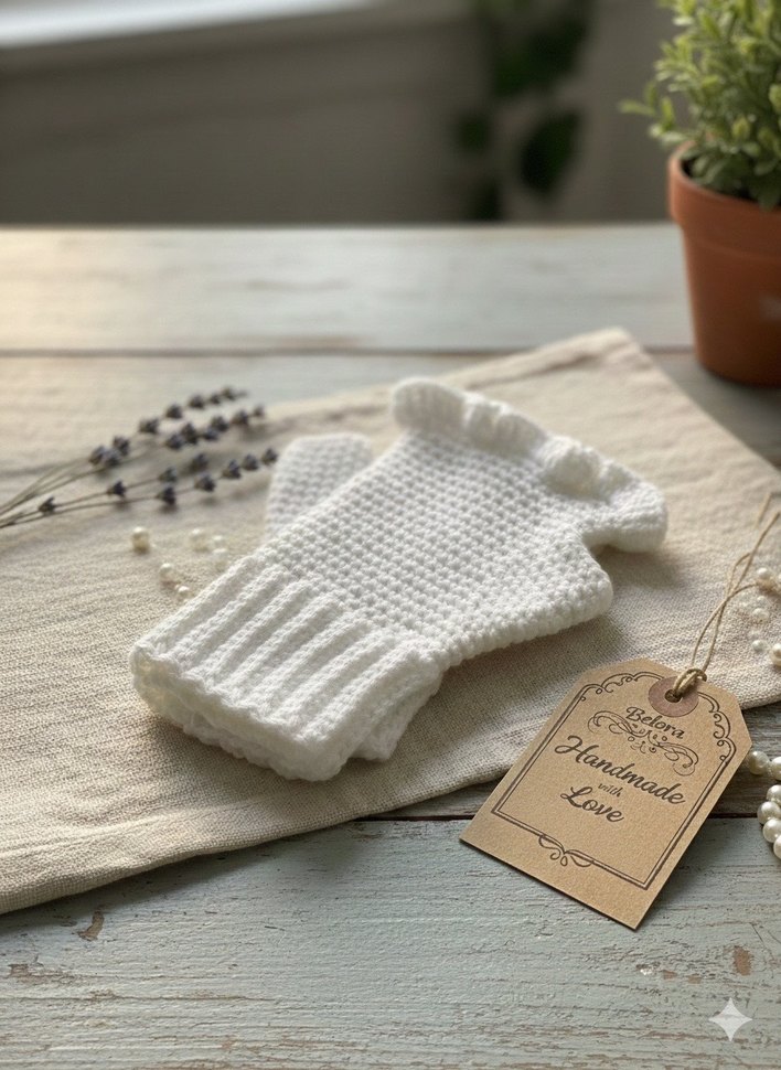 Beyaz Örgü Kadın Eldiven - Görsel 2