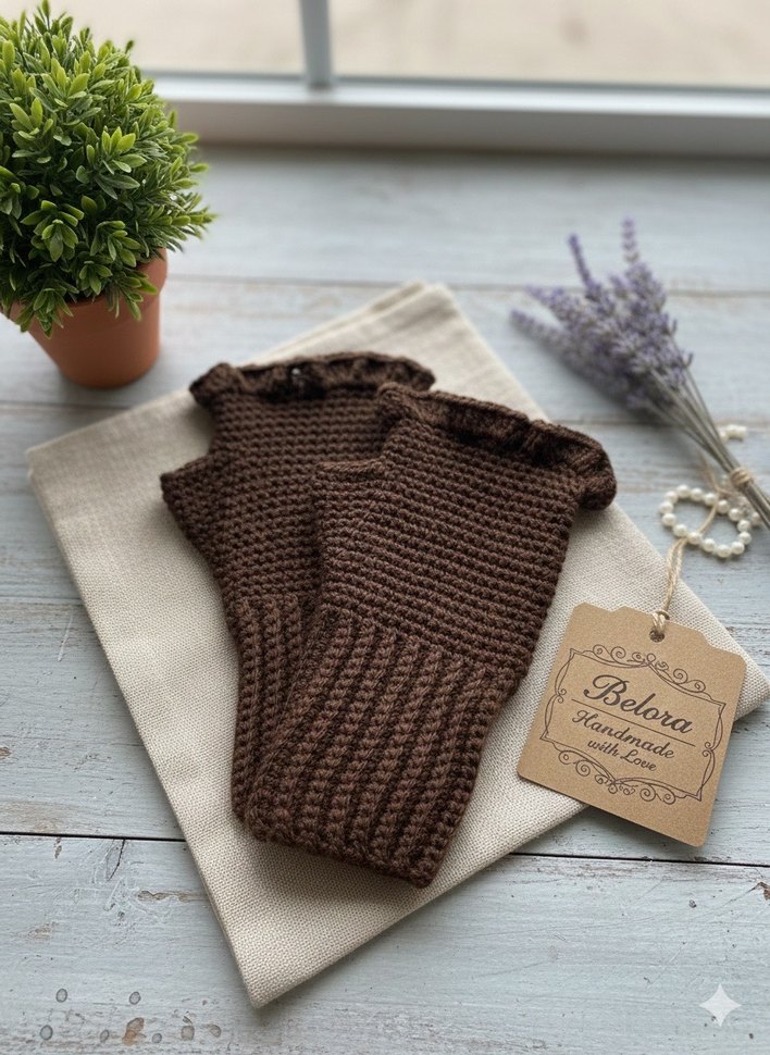 Kahverengi Örgü Parmaksız Kadın Eldiveni - Görsel 2
