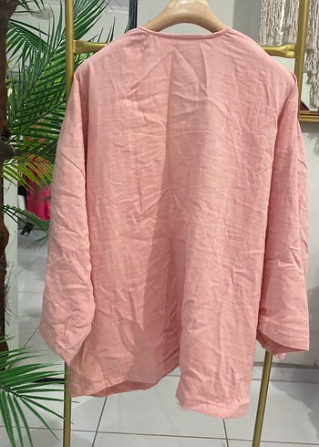 Diğer Pembe Keten Mini Bohem Kimono