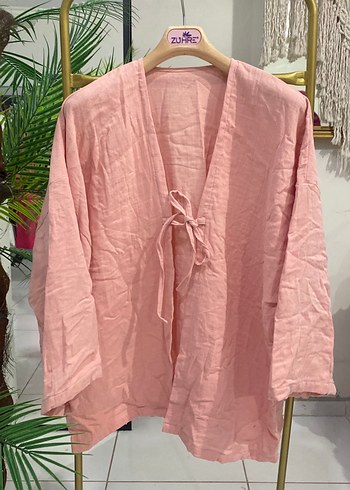 Pembe Keten Mini Bohem Kimono