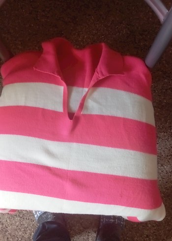 Pembe Beyaz Çizgili Kadın Triko Kazak - Görsel 3