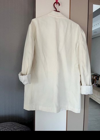 Beyaz Kadın Midi Keten Blazer Ceket - Görsel 2