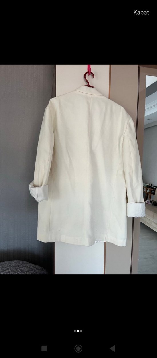 Beyaz Kadın Midi Keten Blazer Ceket - Görsel 2