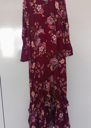 Bordo Uzun tesettür çiçekli Elbise - Görsel 5