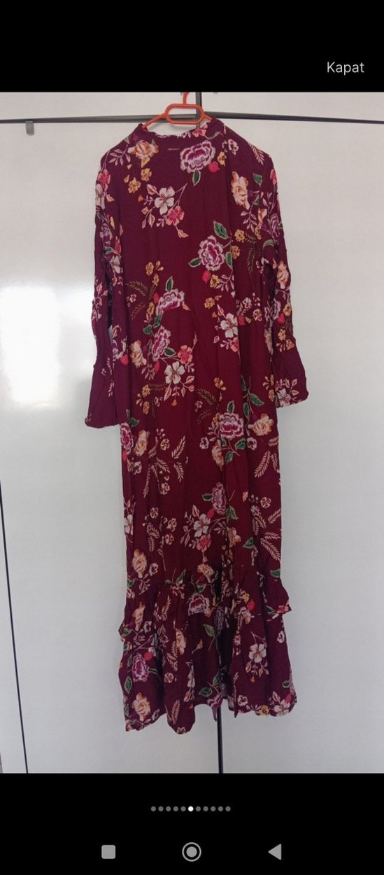 Bordo Uzun tesettür çiçekli Elbise - Görsel 5