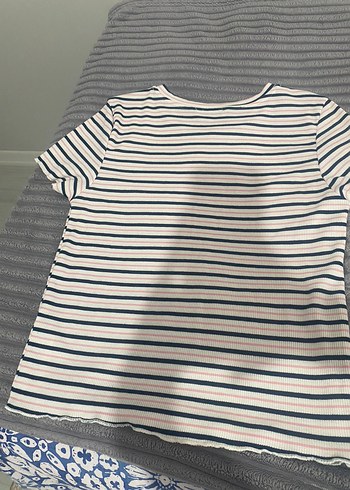 k Çizgili Beyaz Pamuklu Tişört - Görsel 3