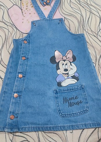 Minnie Mouse Baskılı Kız Kot Elbise