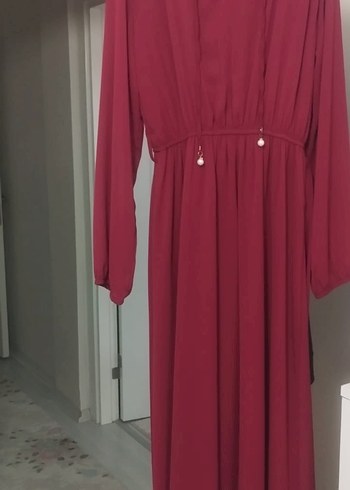 Bordo V Yakalı Uzun Piliseli Elbise - Görsel 2