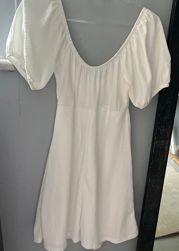 LC Waikiki Beyaz V Yaka Keten Midi Elbise