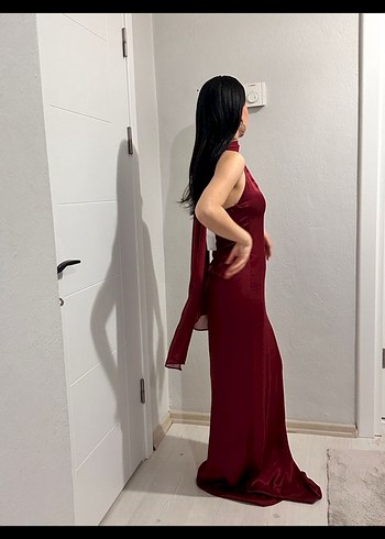 s Beden bordo Renk Bordo Drapeli Uzun Abiye Elbise