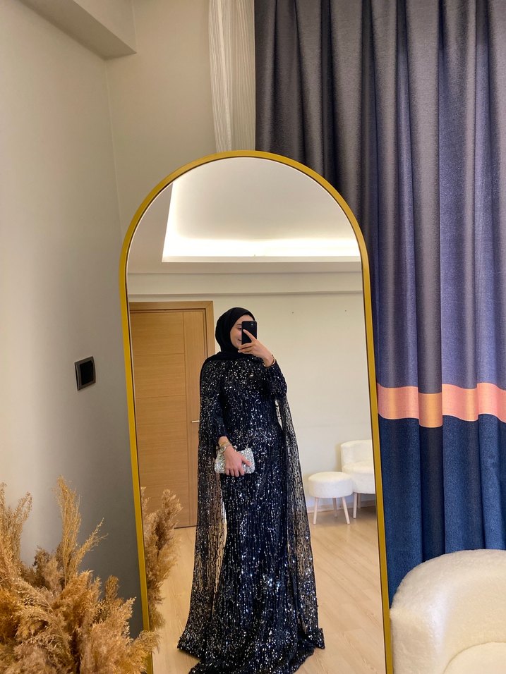 Uzun Kollu Siyah Drapeli Abiye Elbise - Görsel 5