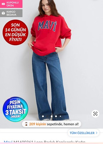 Mavi Kirmizi Kapusonlu Rahat Sweatshirt