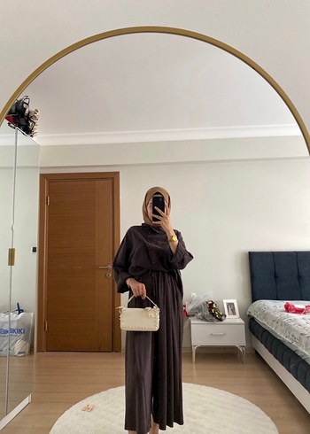 Armine Koyu Kahverengi Uzun Tesettur Tunik Takim