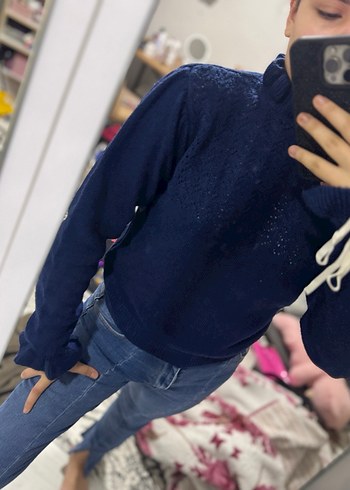 Kadın Lacivert Örgü Yüksek Yaka Triko - Görsel 3