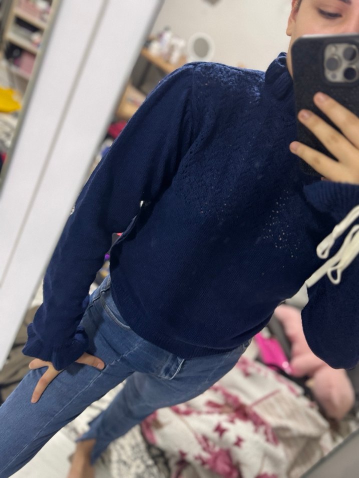 Kadın Lacivert Örgü Yüksek Yaka Triko - Görsel 3