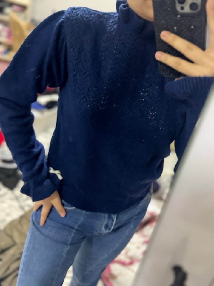 Kadın Lacivert Örgü Yüksek Yaka Triko - Görsel 2