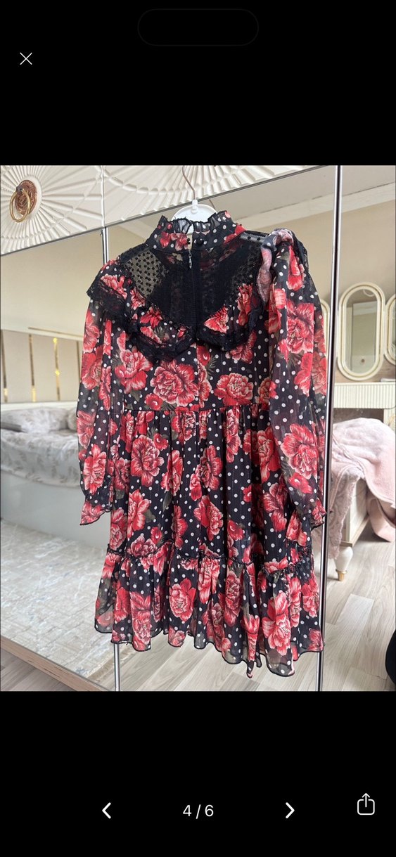 Kırmızı Desenli Uzun Kollu Kız Elbisesi - Görsel 2