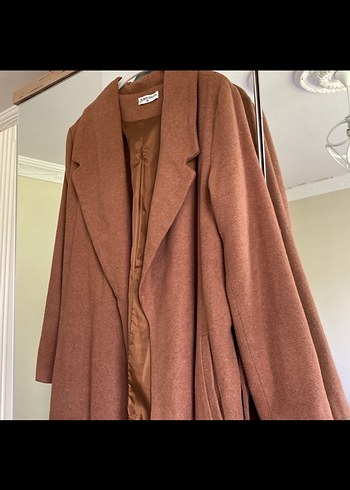 Kahverengi Uzun Kadın Keten Kaban - Görsel 3