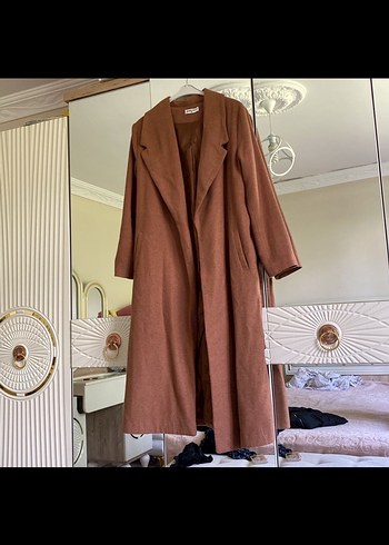 Kahverengi Uzun Kadın Keten Kaban - Görsel 2