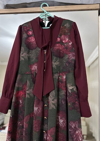 Bordo Vintage Desenli Uzun Elbise - Görsel 3